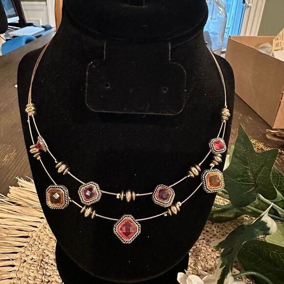 Napier Jewelry - NAPIER Double Strand Gold Tone Bib Necklace -‎ faux multicolored Gemstones